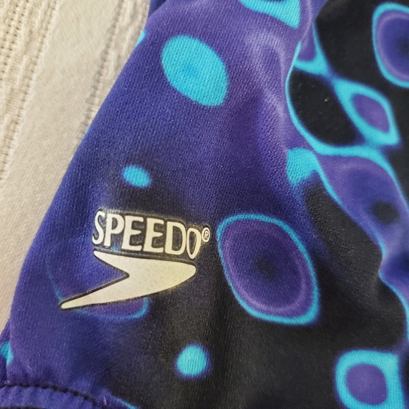 VTG Speedo Girls 1 Piece Purple Blue Abstract Geometric Pickaboo Back Swimsuit - Picture 3 of 9